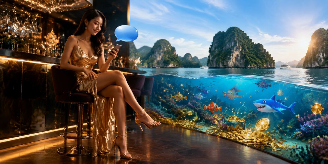 Người dùng trải nghiệm casino trực tuyến trên điện thoại với phong cảnh vịnh Hạ Long tuyệt đẹp phía sau