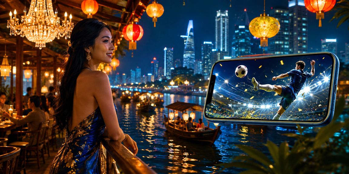 Người dùng tham gia casino trực tuyến trên điện thoại di động tại chợ đêm Mekong sôi động